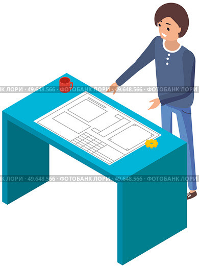 Man stand by table with paper plan. Person work on mockup of machinery. Architect or designer working on factory. Product development and project planning. Employee analyzes layout on paper. Man stand by table with paper plan. Product development and project planning on mockup of machinery. Стоковая иллюстрация, агентство Ingram Publishing / Фотобанк Лори