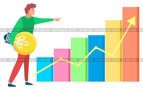 Man standing near statistics chart and looking ahead, lamp in hand. Business tools for innovations and cooperation. Vector illustration in flat style on white. Man Standing near Statistics Chart and Looking UP. Стоковая иллюстрация, агентство Ingram Publishing / Фотобанк Лори
