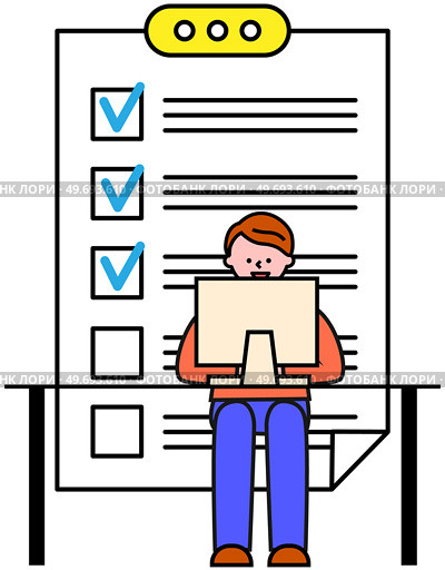 Man stands at big complete checklist icon, worksheet with tick marks, to do list. Business organization and achievements of goals. Check list, questionnaire, management and tasks planning concept. Business organization and achievements of goals. Check list, questionnaire, to do list vector icon. Стоковая иллюстрация, агентство Ingram Publishing / Фотобанк Лори