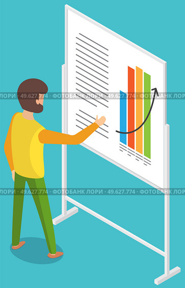 Man studies demand indicators on presentation board with charts and graphs, marketing concept. Businessman seller watching sales statistics. The buyer analyzes the price of the goods on graph. Man studies demand indicators on presentation board with charts and graphs, marketing concept. Стоковая иллюстрация, агентство Ingram Publishing / Фотобанк Лори