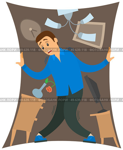 Man suffering from fear of closed narrow rooms. Frightened guy standing in shrinking little room, apartment. Person with claustrophobia, fear of enclosed spaces isolated on white background. Man suffers from fear of closed narrow rooms. Person with claustrophobia, phobia of enclosed spaces. Стоковая иллюстрация, агентство Ingram Publishing / Фотобанк Лори