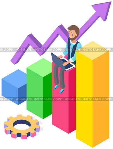 Man surfing internet, designs and creates application for smartphone. Development of new functions for phones. Businessman with computer, gear and success graph analyzes growth of statistics. Man surfs internet, designs and creates app. Businessman with computer analyzes growth of statistics. Стоковая иллюстрация, агентство Ingram Publishing / Фотобанк Лори