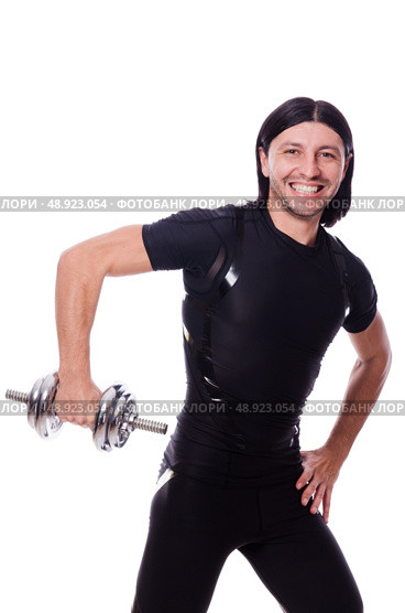 Man training with dumbbells on white. Стоковое фото, агентство Ingram Publishing / Фотобанк Лори
