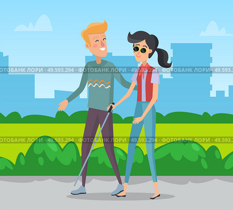 Man walking with blind woman vector, volunteer helping female character. Park in city, cityscape with skyscrapers and bushes greenery lawns flat style. Volunteer Man Helping Disabled Person Blind Woman. Стоковая иллюстрация, агентство Ingram Publishing / Фотобанк Лори