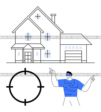 Man wearing VR headset pointing at target around a house. Ideal for real estate, virtual tours, augmented reality, home buying, technology, futuristic concepts, remote viewing. Line metaphor. Man in VR headset pointing while targeting a house with crosshairs, suggesting virtual home viewing. Стоковая иллюстрация, агентство Ingram Publishing / Фотобанк Лори
