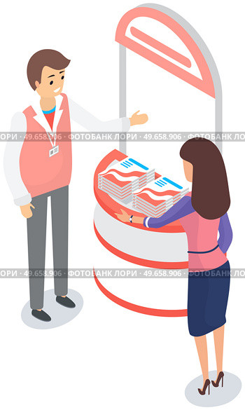 Man with badge distributes product catalogs with advertisement. Marketing, advertising campaign, promotion concept. Male distributor advertises, promotes to customer, near presentation stand. Man with badge distributes books, catalogs with advertisement. Promotion, advertising concept. Стоковая иллюстрация, агентство Ingram Publishing / Фотобанк Лори