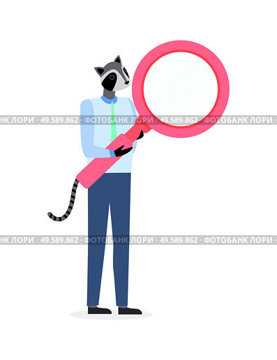 Man with badger head and tail, holding magnifying glass isolated on white. Vector hipster animal, metaphor costume, unidentified businessman cartoon character. Man with Badger Head, Holding Magnifying Glass. Стоковая иллюстрация, агентство Ingram Publishing / Фотобанк Лори