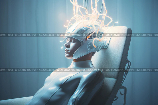 Man with brain electrodes futuristic helmet. Generate ai. Стоковое AI-изображение, AI-художник Иван Рябоконь / Фотобанк Лори