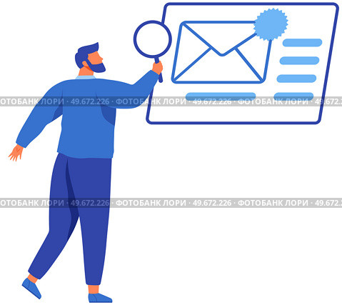 Man with magnifying glass looking for information in newsletter in digital envelope. Online subscription for news, newspapers, electronic publication for subscribers. Guy receives email via internet. Man with magnifying glass looking at digital envelope. Person receives email via internet. Стоковая иллюстрация, агентство Ingram Publishing / Фотобанк Лори