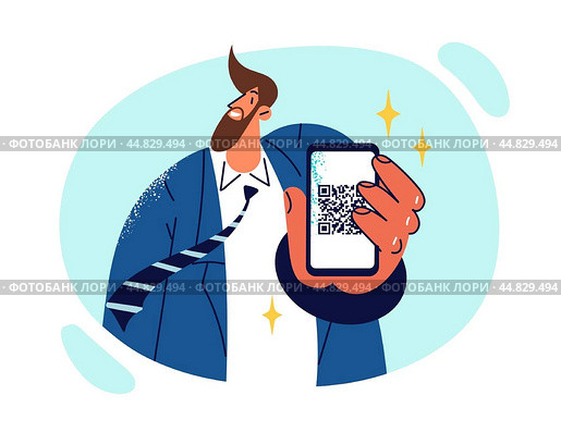 Man with mobile phone shows QR code to scan and gain access to event or quick cashless payment. Стоковая иллюстрация, иллюстратор Valery Vasilyeu / PantherMedia / Фотобанк Лори