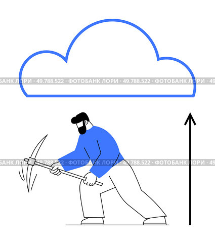 Man with pickaxe beneath a cloud and upward arrow, representing data mining and cloud computing. Ideal for innovation, technology, growth, progress, networking, digital transformation, creativity. Man Mining for Cloud Data with Pickaxe, Symbolizing Future of Cloud Computing and Data Retrieval. Стоковая иллюстрация, агентство Ingram Publishing / Фотобанк Лори