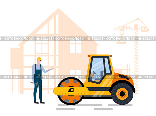 Man worker holding hammer standing near pressure machine, roadwork and building. House construction and crane equipment, pavement technology vector. Building and Paving, Project and Machine Vector. Стоковая иллюстрация, агентство Ingram Publishing / Фотобанк Лори