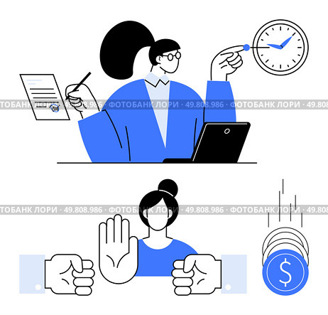 Manager working on laptop with clock and paperwork. Team member signaling stop with raised hand while fists hold vector of falling coins. Ideal for project management, teamwork, finance, time. Manager balancing time and paperwork, deliberating a decision with team blocking falling costs. Стоковая иллюстрация, агентство Ingram Publishing / Фотобанк Лори