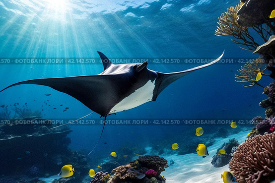 Manta Mobula (Mobulidae) cartilaginous fish swimming in tropical underwaters. Manta in underwater wild animal world. Observation of wildlife ocean. Scuba diving adventure in Ecuador coast. Стоковое AI-изображение, AI-художник Aleksandr Golubev / Фотобанк Лори
