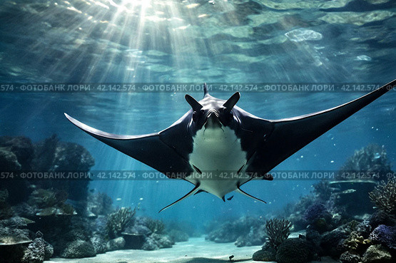 Manta Mobula (Mobulidae) cartilaginous fish swimming in tropical underwaters. Manta in underwater wild animal world. Observation of wildlife ocean. Scuba diving adventure in Ecuador coast. Стоковое AI-изображение, AI-художник Aleksandr Golubev / Фотобанк Лори
