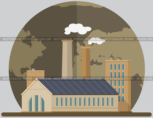 Manufactures and plants pollute air and atmosphere. Construction buildings against background of destroyed planet. Energy production factory, enterprise and disastrous emissions of smoke and smog. Manufactures and factories pollute air and atmosphere. Enterprise on background of destroyed planet. Стоковая иллюстрация, агентство Ingram Publishing / Фотобанк Лори