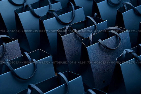 Many dark blue shopping bags representing consumerism and commerce. Стоковое AI-изображение, AI-художник Иван Рябоконь / Фотобанк Лори