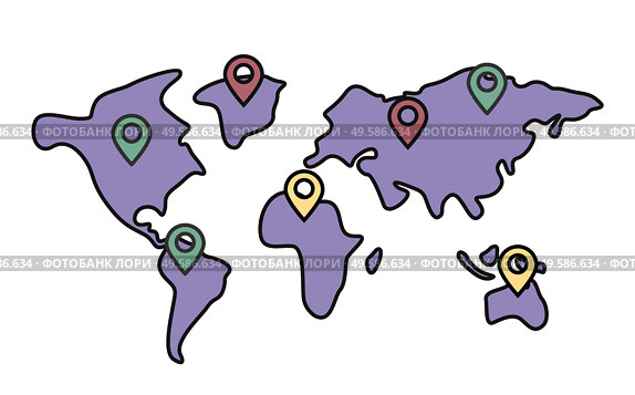 Map pin point icon, locator position pinpoint vector. Trendy navigation symbol for website design, mobile app. Shipping and globe delivery, worldwide service, continents and pointers illustration. Pinpoints and Map, Locations, Worldwide Delivery. Стоковая иллюстрация, агентство Ingram Publishing / Фотобанк Лори