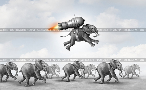 Market leadership and business success as a concept for prosperity and achievement as an elephant taking off on a rocket engine winning over the competition using technology and innovation with 3D illustration elements. Стоковое фото, агентство Ingram Publishing / Фотобанк Лори