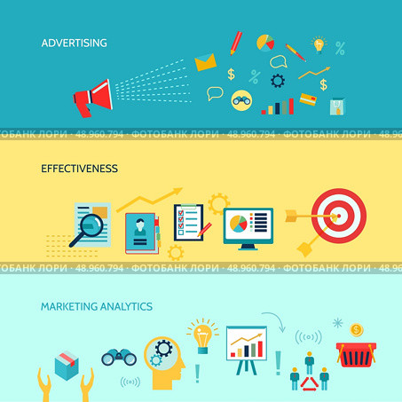 Marketer horizontal banners set with advertising effectiveness marketing analytics isolated vector illustration. Стоковая иллюстрация, агентство Ingram Publishing / Фотобанк Лори