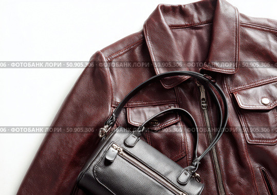 Maroon leather jacket with zippers and pockets and black leather stylish bag. Modern outerwear. Close-up. Fashion background. Autumn urban street clothes. Fashionable concept. Women's casual outfit. Стоковое AI-изображение, AI-художник Марина Демидюк / Фотобанк Лори