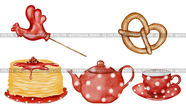 Maslennitsa watercolor set hand painting on isolated white background. Drawings of pancakes with jam on a plate, a teapot and a cup in red color. Pretzel and lollipop in the form of a rooster on a stick. To decorate banners and postcards for Shrove Shrovetide. Стоковая иллюстрация, иллюстратор Татьяна Трущелева / Фотобанк Лори
