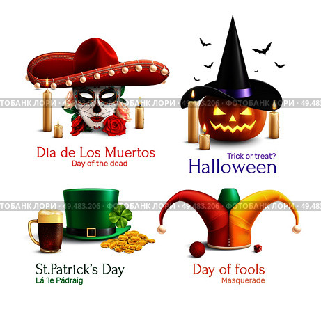 Masquerade hats 2x2  design concept with  day of the dead day of fools halloween saint patrick day square icons realistic vector illustration. Стоковая иллюстрация, агентство Ingram Publishing / Фотобанк Лори