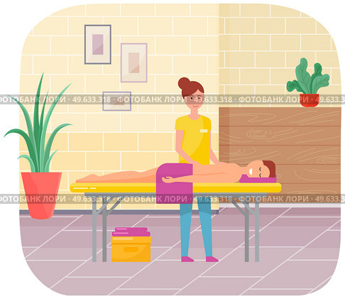 Masseur is massaging body of patient. Therapist gives massage to young man lying on couch. Girl touches back of client with her hands and reduces stress. Massage procedures in medical clinic. Masseur is massaging body of patient. Therapist gives massage to man with sore back lying on couch. Стоковая иллюстрация, агентство Ingram Publishing / Фотобанк Лори