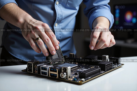 Мастер устанавливает электронный компонент на материнскую плату / The wizard installs the electronic component on the printed circuit board. Стоковое AI-изображение, AI-художник Валерий Лукин / Фотобанк Лори