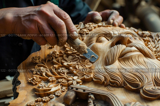 Master woodcarver at work on floral basrelief. Стоковое AI-изображение, AI-художник Иван Рябоконь / Фотобанк Лори