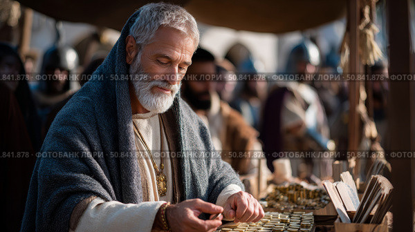 Mature caucasian male trader counting coins at medieval market stall. Стоковое AI-изображение, AI-художник Olga Didraga / Фотобанк Лори