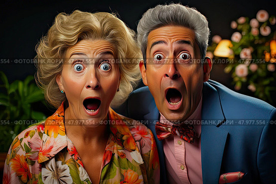 Mature man and woman engage in a comical interaction, showcasing their humorous and exaggerated facial expressions. Стоковое AI-изображение, AI-художник Данила Большаков / Фотобанк Лори