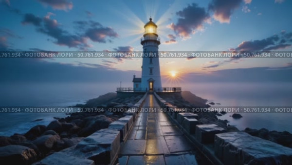 Маяк на закате у моря. Стоковое AI-видео, аниматор Виктория Кольцова / Фотобанк Лори