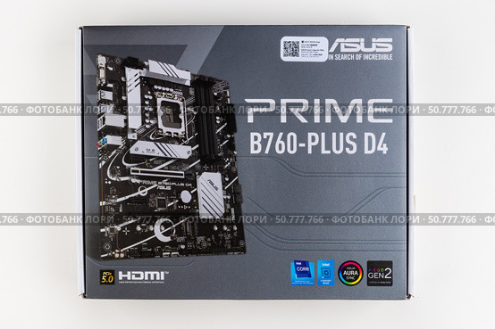 Maykop, Russia - February 18, 2025: box with a new Asus prime B - 760 plus D4 motherboard on a light gray background top view. Редакционное фото, фотограф Андрей С / Фотобанк Лори