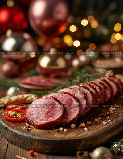 Meat balyk on the New Year's table. Balyk is a piece of meat without bones, tendons and fat, regardless of the type of meat, it can be pork, beef and even horse meat, subjected to salting and heat treatment. Стоковое AI-изображение, AI-художник Сергей Елизарьев / Фотобанк Лори