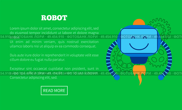 Mechanic robot with powerful turbine with flame. Promotional banner with droid that has friendly face cartoon vector illustration and sample text. Mechanic Robot with Powerful Turbine with Flame. Стоковая иллюстрация, агентство Ingram Publishing / Фотобанк Лори
