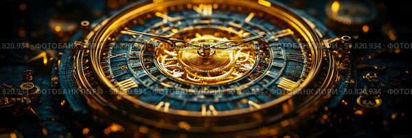 Mechanism of Time: A glimpse into the heart of antique timepiece, showcasing its intricate gold & blue gear, symbolizing precision and past era. Стоковое AI-изображение, AI-художник Данила Большаков / Фотобанк Лори