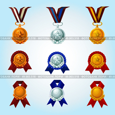 Medals and winner awards cartoon emblems set isolated vector illustration. Medals Cartoon Set. Стоковая иллюстрация, агентство Ingram Publishing / Фотобанк Лори