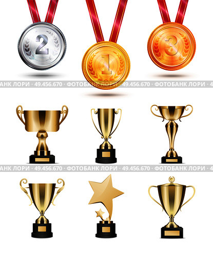 Medals for competition, golden cups and awards. Shiny rewards on tournament. Trophies collection great achievements isolated vector illustration. Medals for Competition, Golden Cups and Awards Set. Стоковая иллюстрация, агентство Ingram Publishing / Фотобанк Лори