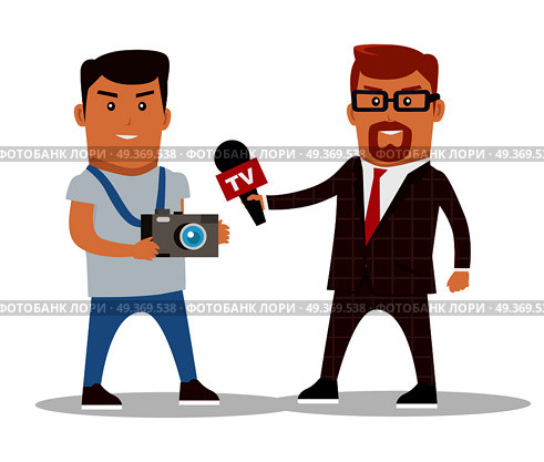Media workers character vector. Flat style design. TV journalist, photographer, reporter illustration. Live broadcast, breaking news concept. Journalistic profession. Isolated on white background.. Media Workers Characters Vector Illustration. Стоковая иллюстрация, агентство Ingram Publishing / Фотобанк Лори