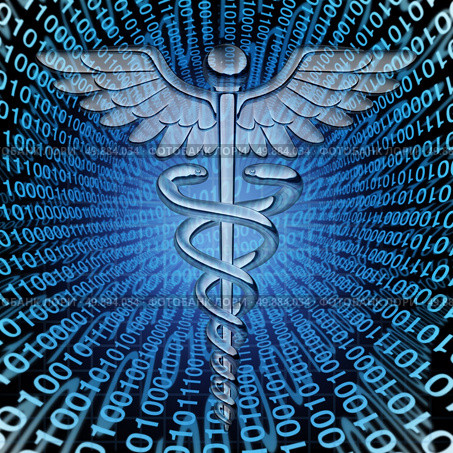 Medical data and the future of health care databases technology concept as a caduceus medicine symbol on a background of binary code as an icon of  hospital patient information management. Стоковое фото, агентство Ingram Publishing / Фотобанк Лори