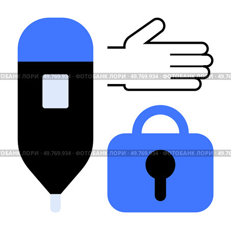 Medical device, hand gesture, and padlock indicate health technology and security. Ideal for medical safety, healthcare privacy, data protection, secure medical communication, healthcare access. Healthcare and Security Elements for Medical Safety and Privacy. Стоковая иллюстрация, агентство Ingram Publishing / Фотобанк Лори