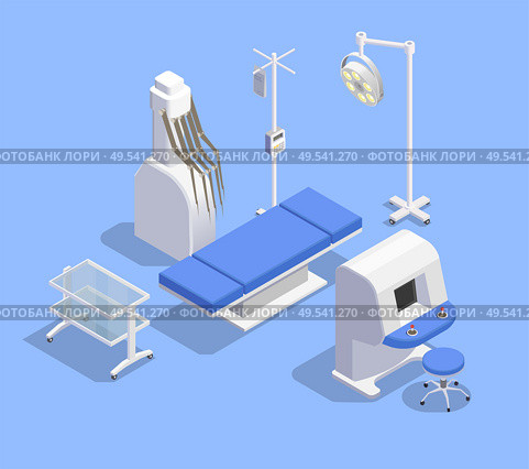 Medical equipment isometric composition with images of patient table therapeutic equipment and robotic manipulators with remote vector illustration. Стоковая иллюстрация, агентство Ingram Publishing / Фотобанк Лори