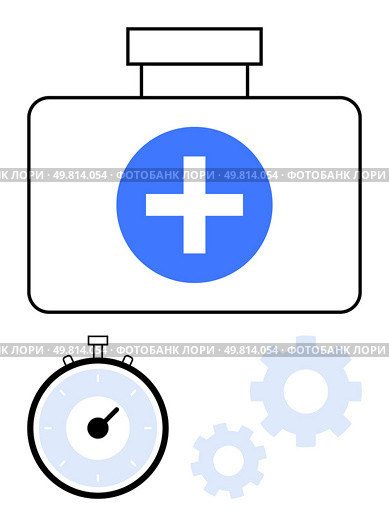 Medical kit with a blue cross stopwatch, and gears. Ideal for healthcare, time management, precision, medical emergencies, workflow, treatment processes and efficiency. Line metaphor. Medical Kit, Stopwatch, and Gears Illustration Representing Health, Time, and Mechanism. Стоковая иллюстрация, агентство Ingram Publishing / Фотобанк Лори
