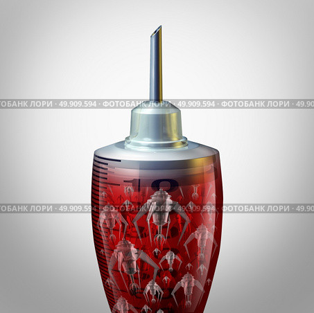 Medical nano technology and nanotechnology medicine concept as a group of microscopic nano robots or nanobots programed to kill human disease inside a syringe as a futuristic medicine icon. Стоковое фото, агентство Ingram Publishing / Фотобанк Лори