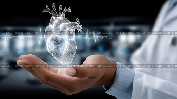 Medical professional displays holographic heart model in modern clinic. Медицинский работник демонстрирует голографическую модель сердца в современной клинике. Стоковое AI-изображение, AI-художник Katsiaryna Repich / Фотобанк Лори