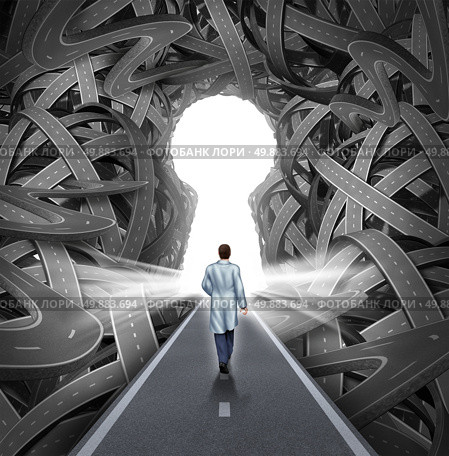 Medical research and development concept with a hospital doctor in a labcoat walking towards a group of tangled roads with a keyhole opening as a metaphor for success in medicine and health care. Стоковое фото, агентство Ingram Publishing / Фотобанк Лори