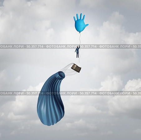Medical solution concept and the symbol for life saving Hospital care as a surgical glove balloon or healthcare insurance saving a failing situation with 3D illustration elements. Стоковое фото, агентство Ingram Publishing / Фотобанк Лори