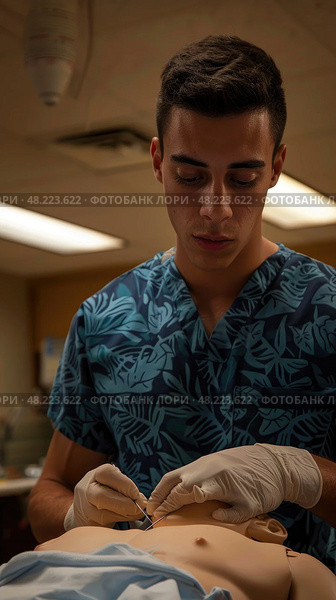 Medical Student Practicing Suturing Techniques on a Mannequin in a Classroom Setting. Стоковое AI-изображение, AI-художник Данила Большаков / Фотобанк Лори