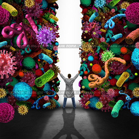 Medical success concept as a doctor or specialist physician opening a wall made of viruse bacteria and cancer disease cells as healthcare or health care symbol for medication treatmnt and cure or scientific breakthrough in medicine science. Стоковое фото, агентство Ingram Publishing / Фотобанк Лори